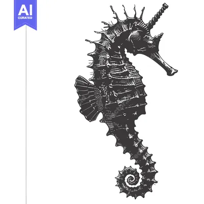 Aset premium populer: Black and White Illustration of a Seahorse with a Long, Curved Snout