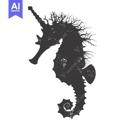 Aset desain premium: A silhouette of a seahorse with a detailed, textured body