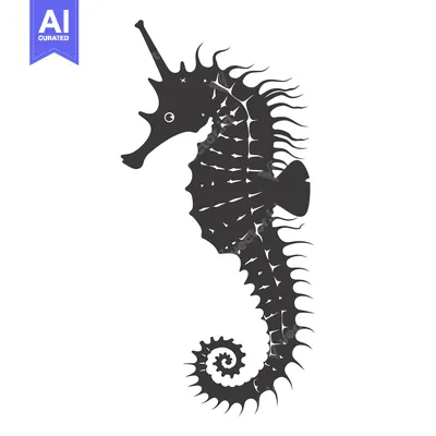 Aset desain premium: Black and White Silhouette of a Seahorse with Detailed Fins and a Curv