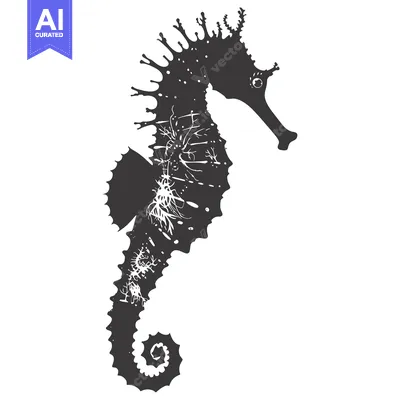 Aset premium populer: Black and White Silhouette of a Seahorse with Spiky Design