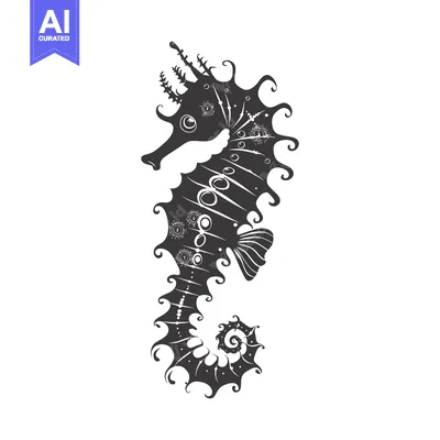 Aset desain premium: Ornate Black and White Seahorse Illustration