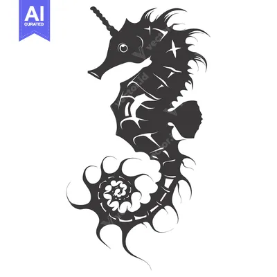 Aset premium populer: Black and White Stylized Seahorse with Curled Tail