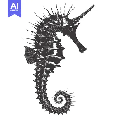 Aset desain premium: A Detailed Illustration of a Seahorse with a Spiky Mane and a Spiral T