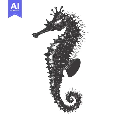 Aset premium populer: A detailed black and white illustration of a seahorse with a spiky cro