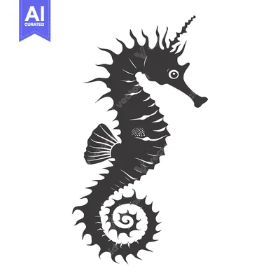 Aset desain premium: Black and White Silhouette of a Seahorse with a Crown