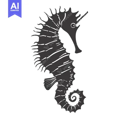 Aset desain premium: Black and White Silhouetted Seahorse with a Spiky Crest and Tail