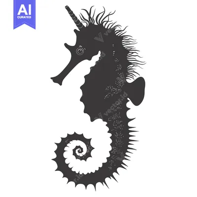 Aset desain premium: Black and White Silhouette of a Seahorse with a Horn