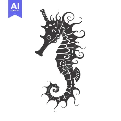 Premium design asset: Ornate Black and White Seahorse Illustration