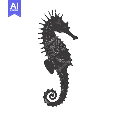Aset desain premium: A Detailed Silhouette of a Seahorse with Finely Drawn Lines and a Dist