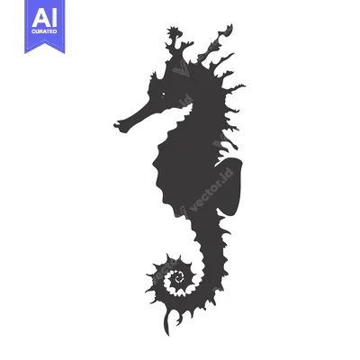 Aset desain premium: A Detailed Black Silhouette of a Seahorse with a Curled Tail