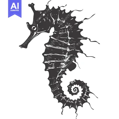 Aset premium populer: Hand-drawn black and white illustration of a seahorse