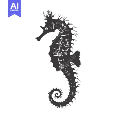 Aset premium populer: A Black and White Silhouette of a Seahorse with a Detailed Design