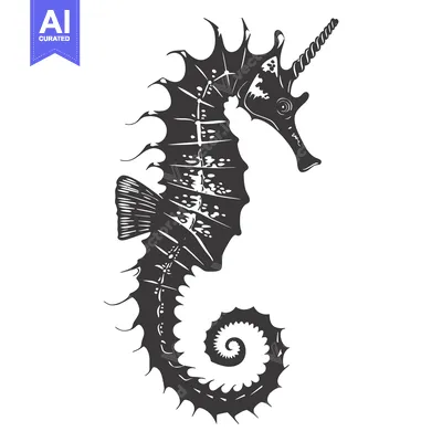 Black and White Illustration of a Seahorse with a Spiral Tail