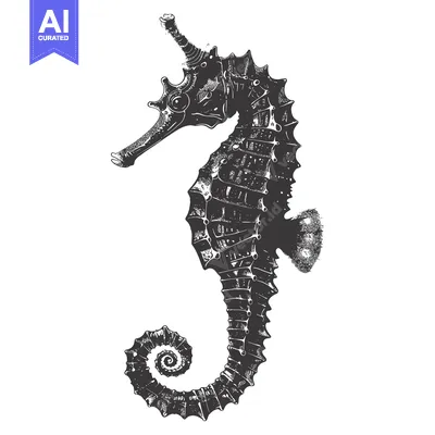 Detailed Black and White Illustration of a Seahorse