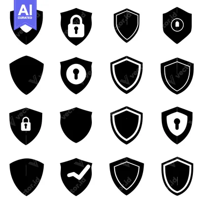 Aset desain premium: Set of Black Shield Icons with Different Symbols