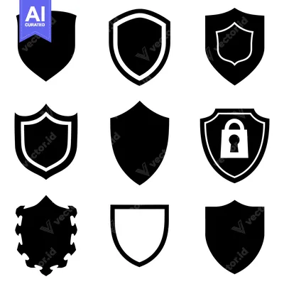 Aset premium populer: Nine Black and White Shield Icons with Different Shapes and Details