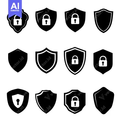 Premium design asset: A Set of Twelve Black and White Shield Icons Featuring Padlocks