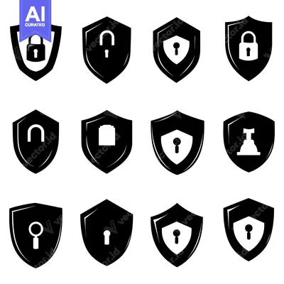 Black and White Shield Icons with Security Symbols