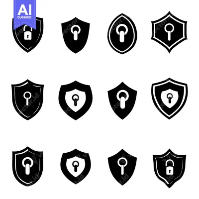 Aset premium populer: A Set of Black and White Shield Icons with Lock and Key Symbols