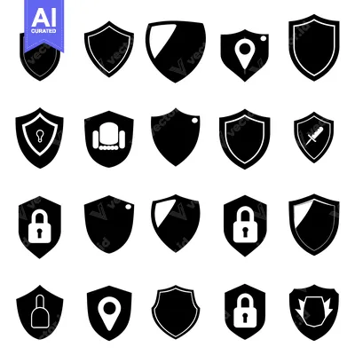 Aset premium populer: Collection of Black and White Shield Icons with Various Symbols
