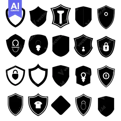 Aset desain premium: A Collection of Black and White Shield Icons with Various Security Sym