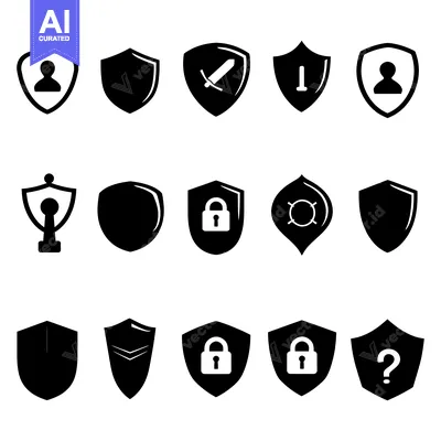 Aset desain premium: Collection of Black and White Shield Icons with Various Symbols