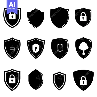 Aset premium populer: Collection of Black and White Shield Icons with Security and Protectio