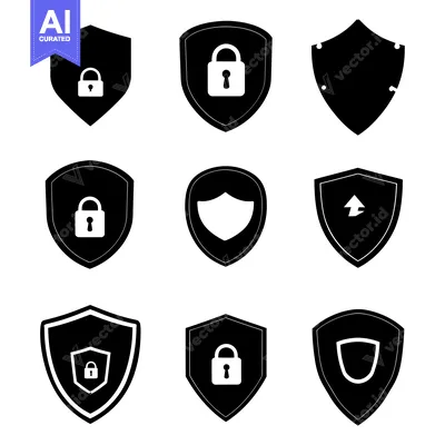 Premium design asset: Collection of Black and White Shield Icons with Security Symbols