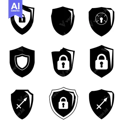 Aset desain premium: Set of Nine Black and White Shield Icons with Different Security Symbo