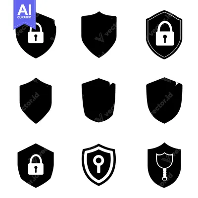 Aset desain premium: Nine Black Shield Icons with Varying Security Symbols
