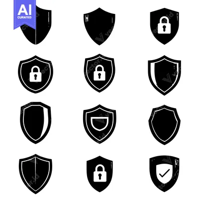 Aset desain premium: A Collection of Black Shield Icons with Various Security Features