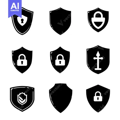 Premium design asset: Set of nine black and white shield icons with various security symbols