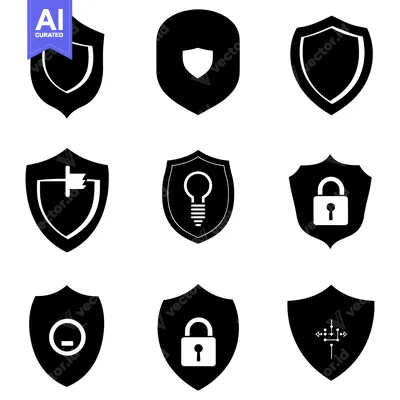 Nine Black Shield Icons with Various Security Symbols