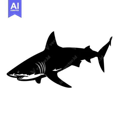 Aset desain premium: Black and White Silhouette of a Great White Shark Swimming