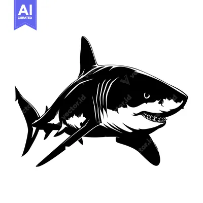 Popular premium asset: Black and white illustration of a great white shark with its mouth ope