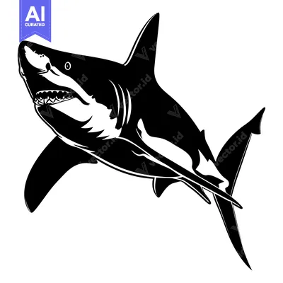 Aset desain premium: Black and white illustration of a great white shark with an open mouth