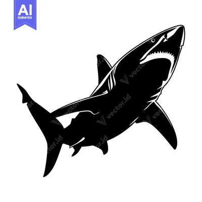 Aset desain premium: Black and White Silhouette of a Shark with Open Mouth