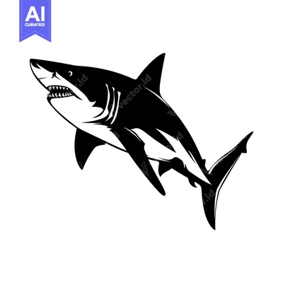 Aset desain premium: Black and White Silhouette of a Great White Shark Swimming