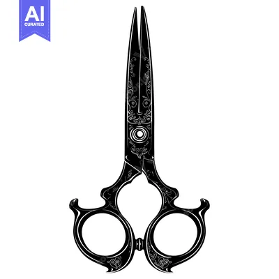 Aset desain premium: Ornate Black Scissors with Intricate Floral Designs