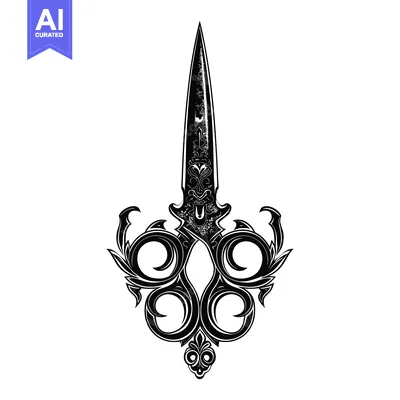 Aset desain premium: Ornate Black and White Dagger with Floral Details