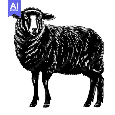 Aset desain premium: Black and White Illustration of a Standing Sheep