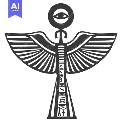 Black and White Stylized Representation of the Eye of Horus with Wings