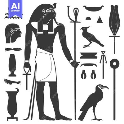Aset desain premium: Egyptian Hieroglyphics with God, Birds, and Symbols