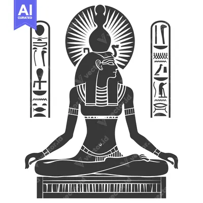 Egyptian Goddess Isis Sitting in Lotus Position with Hieroglyphs