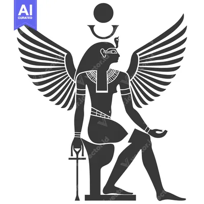 Aset desain premium: Winged Goddess with Ankh and Sun Disk Symbolism