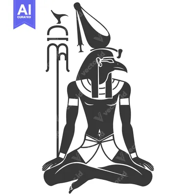 Aset desain premium: Black and White Illustration of the Egyptian God Horus Seated in a Med