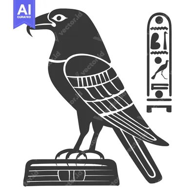 A black and white silhouette of the Egyptian god Horus as a falcon