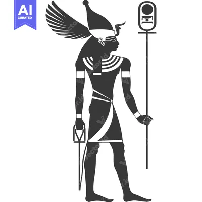 Black and White Depiction of a Winged Egyptian God Holding a Staff