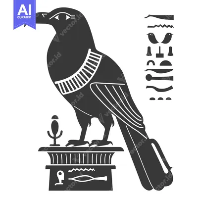 Aset desain premium: Stylized Black and White Illustration of an Egyptian God Horus as a Fa