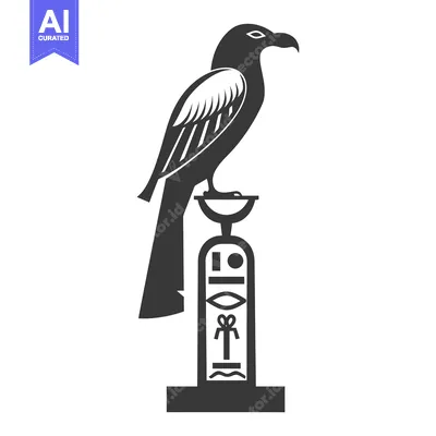 Aset desain premium: Black and White Stylized Image of a Bird Perched on a Hieroglyphic Col
